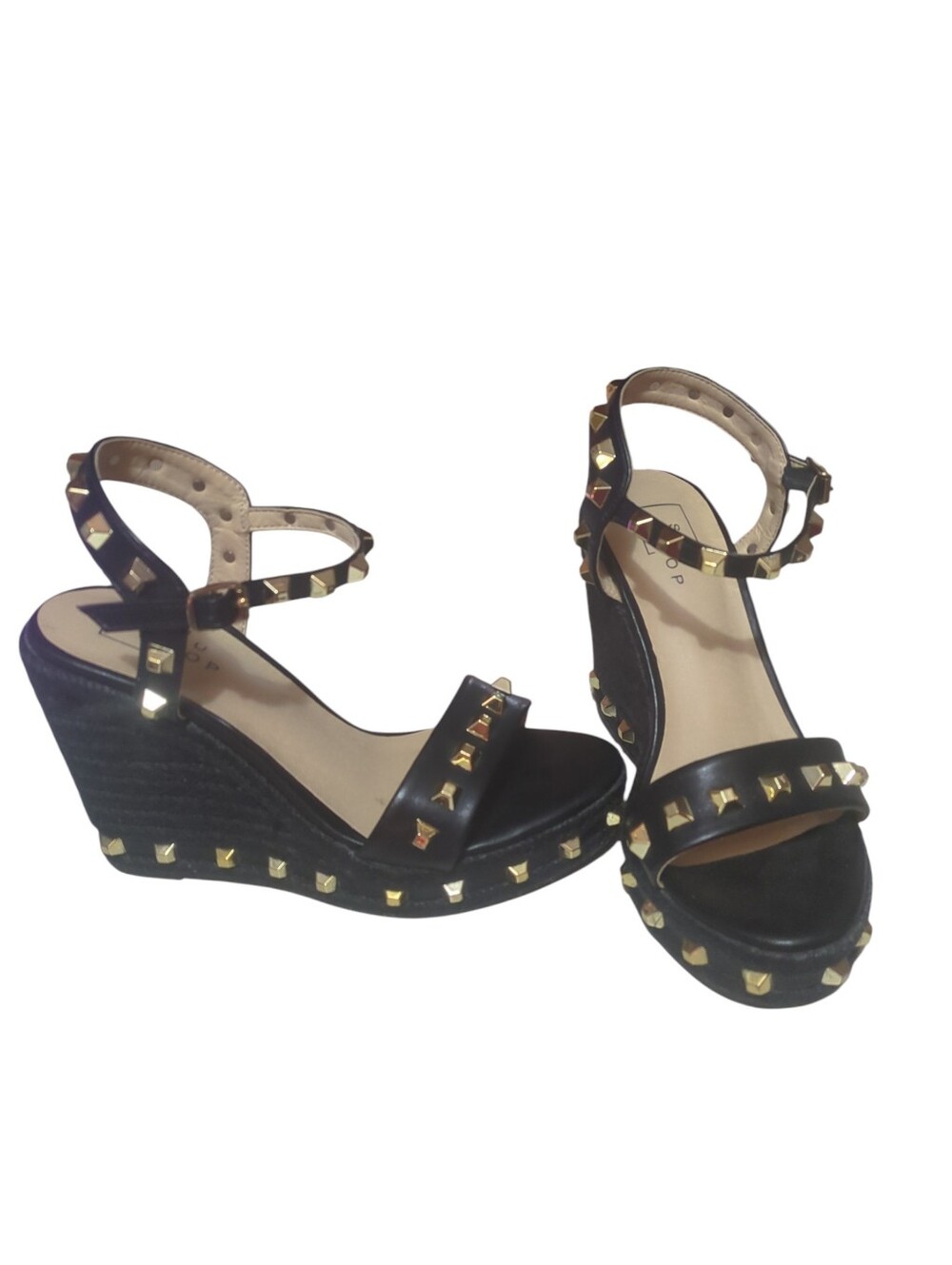 SHUSHOP Black Studded Wedge Sandals with Ankle Strap
